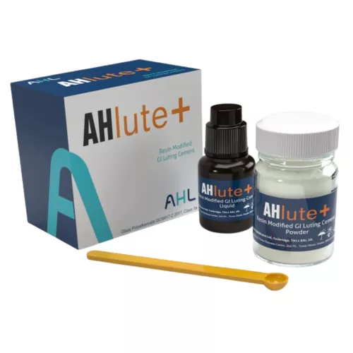 AHlute+ műgyantával erősített, duál kötésű üvegionomer ragasztócement 15g por+7ml folyadék